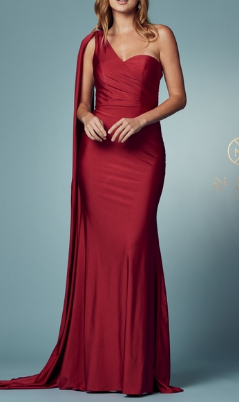 Burgundy draped one shoulder mermaid dress floor length - Picture 1 of 5